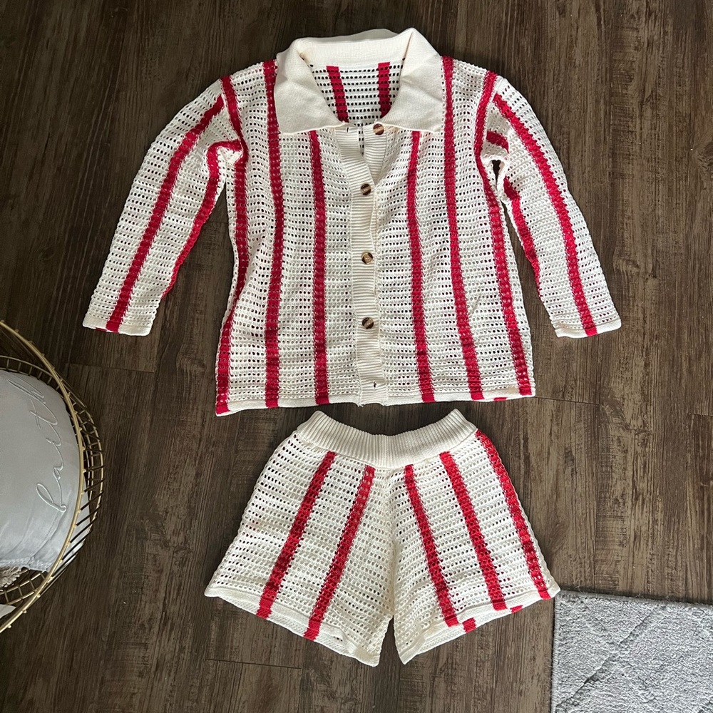 Women’s Knitted Red and Cream Two Piece Set